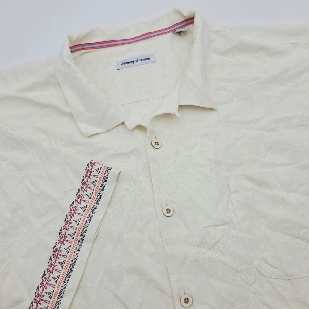 Tommy Bahama Mens Silk 3XLT Cream Jacquard Palm Tree Embroidered Camp Shirt Tall